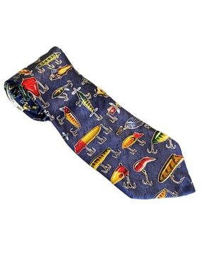 90s Ralph Marlin Sport Fishing Neck Tie 100% Silk Bass Fish Bait Hooks All Lures